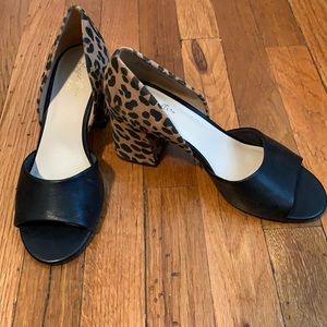 Black leather and leopard suede peep toes